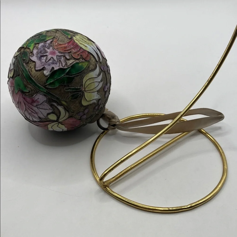 Vintage Enamel Cloisonné Egg Ornament With Ribbon Tie  And Stand